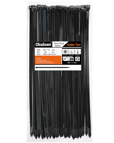 Oksdown 300mm × 7,6mm Breit 100 Stück Extra Stark Kabelbinder mit 55 kg Zugfestigkeit Schwarz UV-Beständig Groß Nylon Kunststoff Selbstsichernder Multifunktionaler von Oksdown