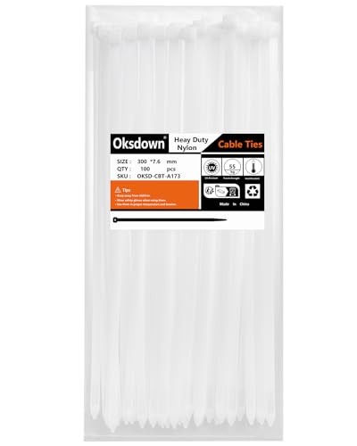 Oksdown 300mm × 7,6mm Breit 100 Stück Extra Stark Kabelbinder mit 55 kg Zugfestigkeit Weiß UV-Beständig Groß Nylon Kunststoff Selbstsichernder Multifunktionaler von Oksdown