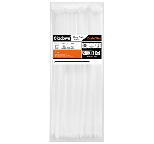 Oksdown 400mm × 7,6mm Breit 100 Stück Extra Stark Kabelbinder mit 50 kg Zugfestigkeit weiß UV-Beständig Groß Nylon Kunststoff Selbstsichernder Multifunktionaler Cable Zip Ties Oksdown 400mm × 7,6mm Breit 100 Stück Extra Stark Kabelbinder mit 50 kg Zugfestigkeit weiß UV-Beständig Groß Nylon Kunststoff Selbstsichernder Multifunktionaler Cable Zip Ties von Oksdown