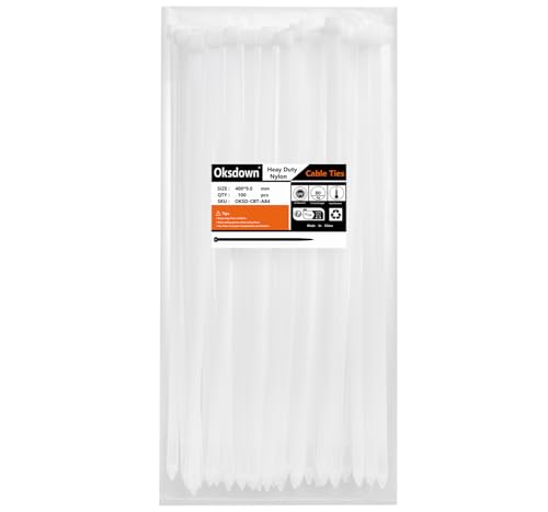 Oksdown 400mm × 9,0mm Breit 100 Stück Extra Stark Kabelbinder mit 80 kg Zugfestigkeit weiß UV-Beständig Groß Nylon Kunststoff Selbstsichernder Multifunktionaler Cable Zip Ties von Oksdown