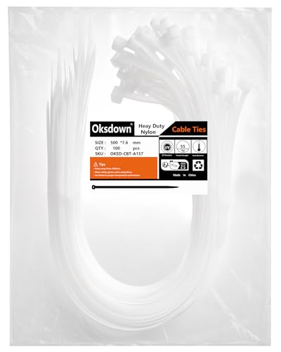 Oksdown 500mm × 7,6mm Breit 100 Stück Stark Kabelbinder mit 55 kg Zugfestigkeit weiß UV-Beständig Groß Lang Nylon Kunststoff Selbstsichernder Multifunktionaler Cable Zip Ties Oksdown 500mm × 7,6mm Breit 100 Stück Stark Kabelbinder mit 55 kg Zugfestigkeit weiß UV-Beständig Groß Lang Nylon Kunststoff Selbstsichernder Multifunktionaler Cable Zip Ties von Oksdown