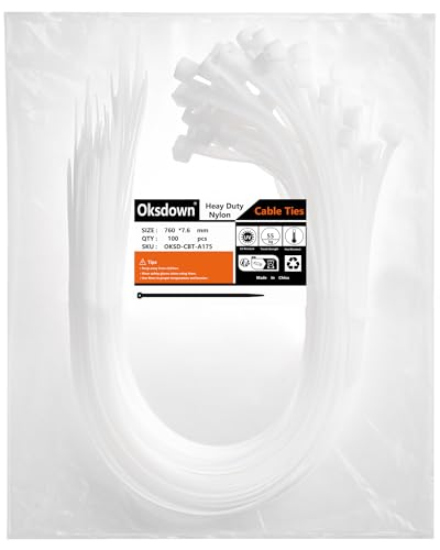 Oksdown 760mm × 7,6mm Breit 100 Stück Extra Stark Kabelbinder mit 55 kg Zugfestigkeit Weiß UV-Beständig Groß Nylon Kunststoff Selbstsichernder Multifunktionaler von Oksdown