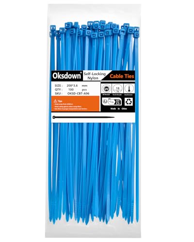 Oksdown Kabelbinder 100 Stück Blau 200 mm × 3,6 mm mit 18,2 kg Zugfestigkeit UV-Beständig Nylon Kunststoff Gartenarbeit Cable Zip Ties Set von Oksdown