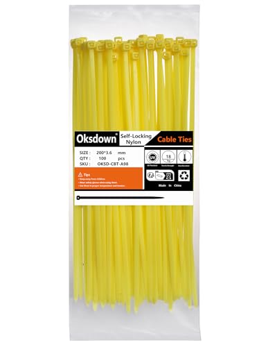 Oksdown Kabelbinder 100 Stück Gelb 200 mm × 3,6 mm mit 18,2 kg Zugfestigkeit UV-Beständig Nylon Kunststoff Gartenarbeit Cable Zip Ties Set von Oksdown