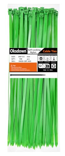 Oksdown Kabelbinder 100 Stück Grün 200 mm × 3,6 mm mit 18,2 kg Zugfestigkeit UV-Beständig Nylon Kunststoff Gartenarbeit Cable Zip Ties Set von Oksdown