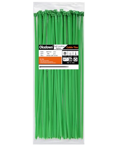 Oksdown Kabelbinder 100 Stück Grün 300 mm × 4,8 mm mit 22,2 kg Zugfestigkeit UV-Beständig Nylon Kunststoff Gartenarbeit Cable Zip Ties Set von Oksdown