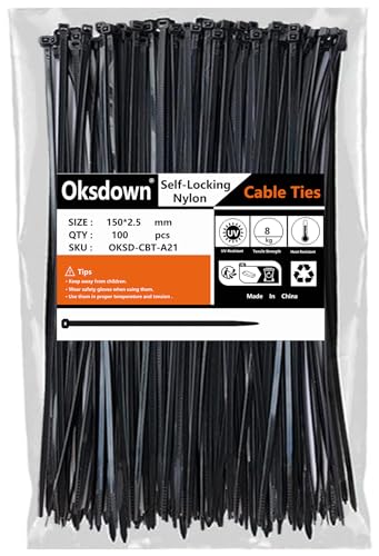 Oksdown Kabelbinder 100 Stück Schwarz 150 mm × 2,5 mm mit 8,1 kg Zugfestigkeit kleine Größe UV-Beständig Nylon Kunststoff Cable Zip Ties Set von Oksdown