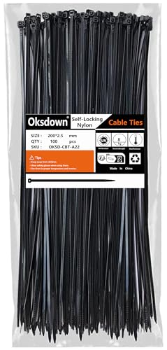 Oksdown Kabelbinder 100 Stück Schwarz 200 mm × 2,5 mm mit 8,1 kg Zugfestigkeit kleine Größe UV-Beständig Nylon Kunststoff Cable Zip Ties Set von Oksdown