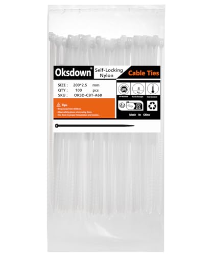 Oksdown Kabelbinder 100 Stück Weiß 200 mm × 2,5 mm mit 8,1 kg Zugfestigkeit UV-Beständig Set von Oksdown