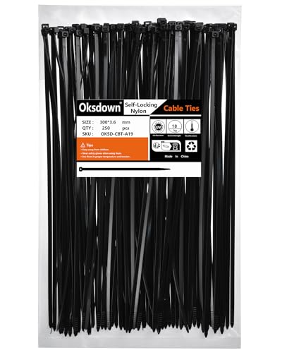 Oksdown Kabelbinder Schwarz 300mm × 3,6mm Nylon 250 Stück UV Beständig Kunststoff Schwarze Kabelbinder Zugfestigkeit Von Bis Zu 18,2kg für Industrie, Gartenbau, Kabelindustrie Oksdown Kabelbinder Schwarz 300mm × 3,6mm Nylon 250 Stück UV Beständig Kunststoff Schwarze Kabelbinder Zugfestigkeit Von Bis Zu 18,2kg für Industrie, Gartenbau, Kabelindustrie von Oksdown