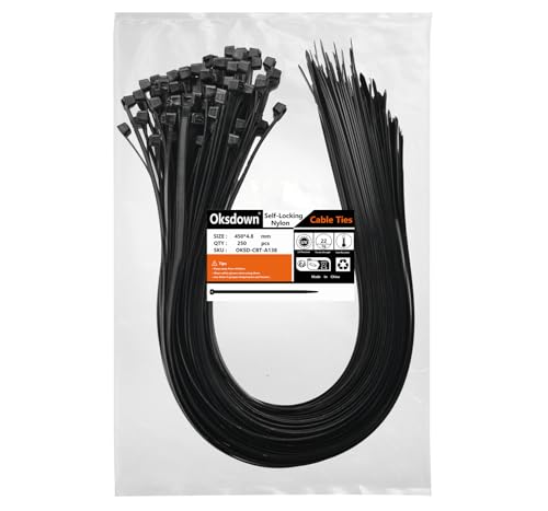 Oksdown Kabelbinder Schwarz 450mm × 4,8mm UV Beständig Nylon mit 22 kg Zugfestigkeit Extra lang Stark Groß Kunststoff Selbstsichernder Kabelbinder 250 Stück für Industrie, Gartenbau, Kabelindustrie von Oksdown