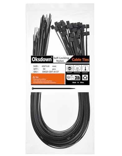 Oksdown Kabelbinder Schwarz 450mm × 4,8mm UV Beständig Nylon mit 22 kg Zugfestigkeit Extra lang Stark Groß Kunststoff Selbstsichernder Kabelbinder 50 Stück für Industrie, Gartenbau, Kabelindustrie von Oksdown