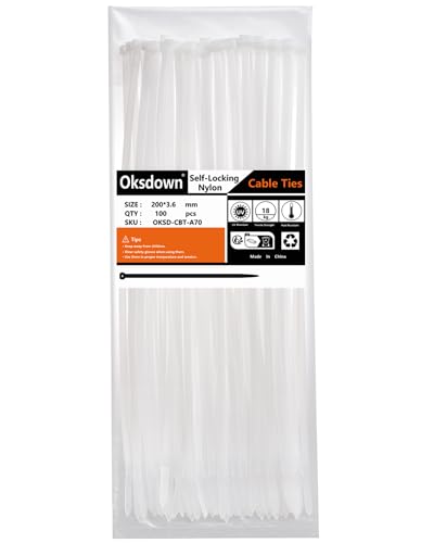 Oksdown Kabelbinder 100 Stück Weiß 200 mm × 3,6 mm mit 18,2 kg Zugfestigkeit UV-Beständig Set von Oksdown