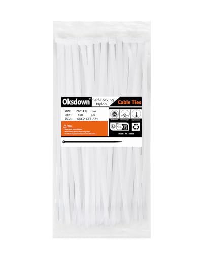 Oksdown Kabelbinder Weiß 200mm × 4,8mm Nylon 100 Stück UV Beständig Kunststoff Kabelbinder Zugfestigkeit Von Bis Zu 22kg für Industrie, Gartenbau, Kabelindustrie von Oksdown