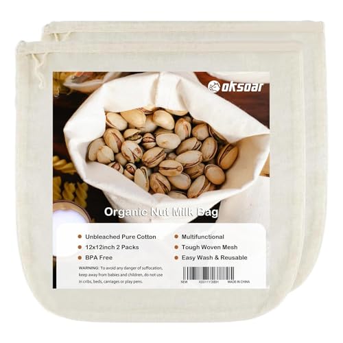 Nussmilchbeutel zum Sieben, wiederverwendbar (2er-Pack), Bio-Käsetuch, Nussmilchbeutel-Sieb, 100% ungebleicht, natürliche, reine Baumwolle, Nussbeutel-Sieb zum Sieben von 12"x12" von Oksoar