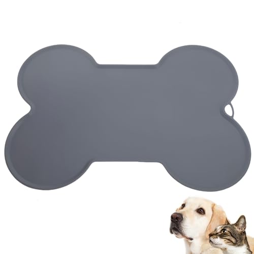 Silikonmatte Napfunterlage Hund 52x37 cm, Katzen Hunde rutschfest Futtermatte für Napfunterlage Katzen Hundenapf Unterlage Futter- und Wassernäpfe, Knochenförmiger Auslaufsicherer Rand, (Gray) von Oksoar