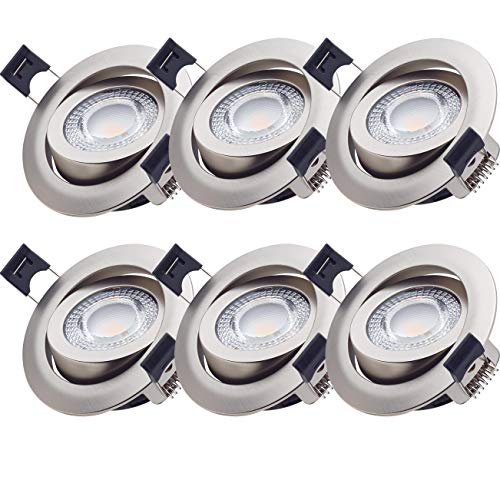 Oktaplex lighting 6er Set LED Einbaustrahler 230V flach, 5W 350lm Ra 90 3000K Warmweiß Ø 68mm Einbaudurchmesser, Spots Decke schwenkbar Nickel gebürstet von Oktaplex lighting