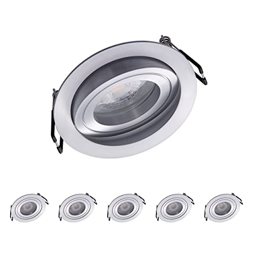 Oktaplex 6er Set Einbaustrahler mit LED Modul - 3 Stufen dimmbar - Aluminum Lyon 4,8W 3000K 230V 380lm Warmweiß LED Spot Einbaudurchmesser 80mm Rund von Oktaplex lighting