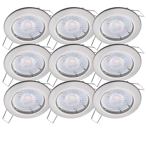Oktaplex 9er Set LED Spots - 3 Stufen dimmbar - 4,8W 2700K 230V 380lm Warmweiß 110° - Deckenspot Edelstahl gebürstet Lochmaß 60mm Deckenstrahler Sedan von Oktaplex lighting