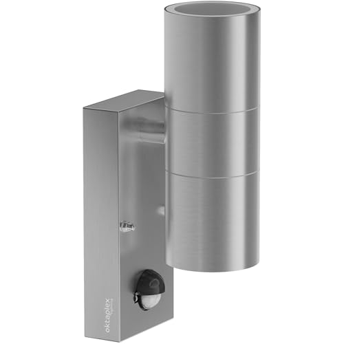Oktaplex Chile Außenlampe Wand mit Bewegungsmelder Edelstahl 2x GU10 Fassung Wandleuchte IP44 Up and Down Leuchte 230V Außenwandleuchte GU10 silber von Oktaplex lighting