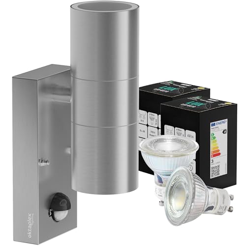 Oktaplex Chile Außenwandleuchte mit Bewegungsmelder Edelstahl inkl. 2x GU10 Leuchtmittel warmweiß 2700K Wandlampe IP44 Up and Down Leuchte 230V silber Oktaplex Chile Außenwandleuchte mit Bewegungsmelder Edelstahl inkl. 2x GU10 Leuchtmittel warmweiß 2700K Wandlampe IP44 Up and Down Leuchte 230V silber von Oktaplex lighting