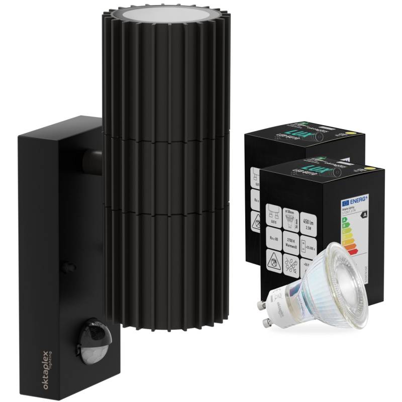 Oktaplex Para Außenlampe mit Bewegungsmelder 2x GU10 Leuchtmittel Warmweiß IP44 Schwarz von Oktaplex lighting