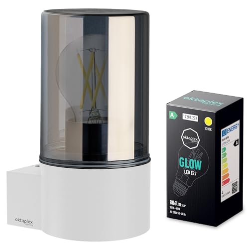 Oktaplex Puno Aluminium Wandleuchte aussen inkl. E27 2700K 806lm LED Glühbirne Außenlampe IP44 Rauchglas weiß 230V - Energieklasse A von Oktaplex lighting