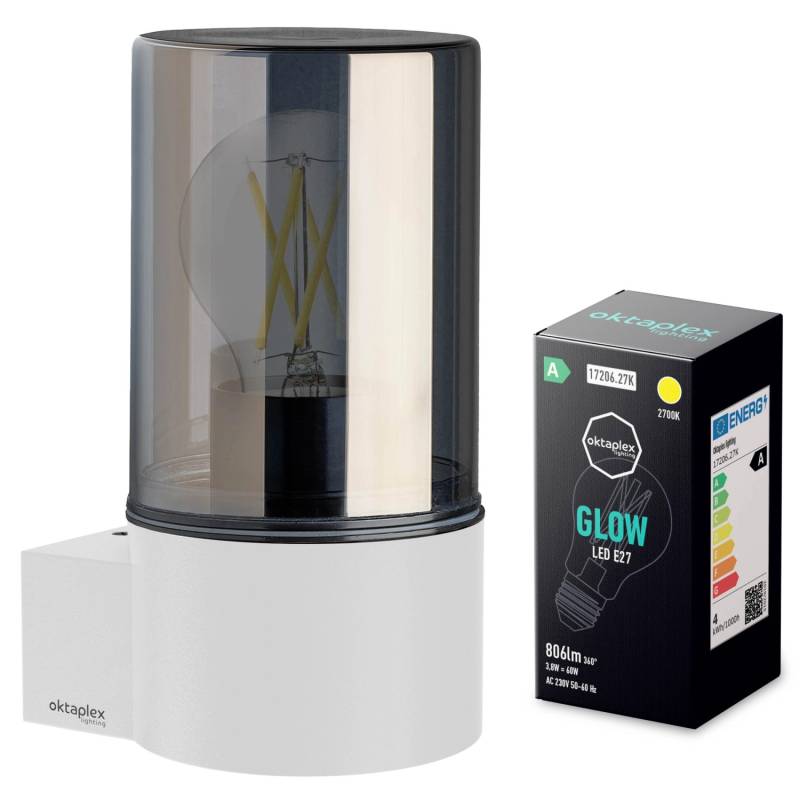 Oktaplex Puno Außenleuchte Aluminium mit E27 Leuchtmittel Warmweiß IP44 Rauchglas Weiß von Oktaplex lighting