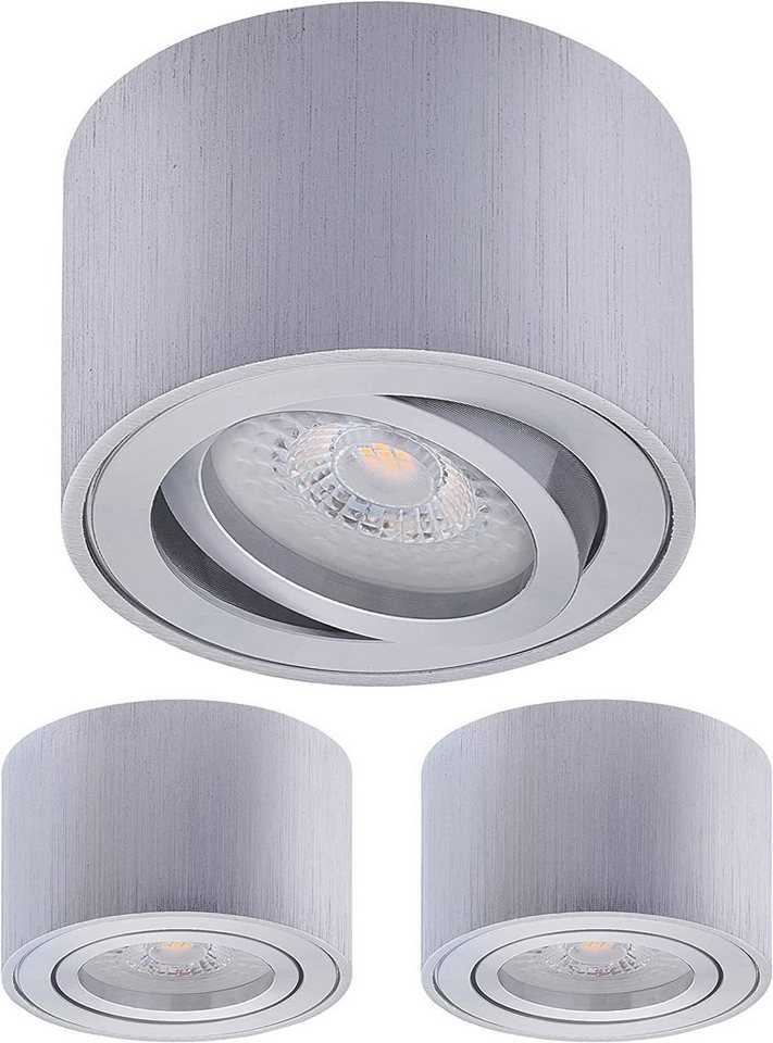 Oktaplex lighting LED Deckenstrahler 3er Set Aufbauleuchte inkl. LED Leuchtmittel 4,8W 380 Lumen, schwenkbar, Leuchtmittel wechselbar, neutralweiß, 4000 Kelvin 230V Höhe 50mm Alu gebürstet von Oktaplex lighting