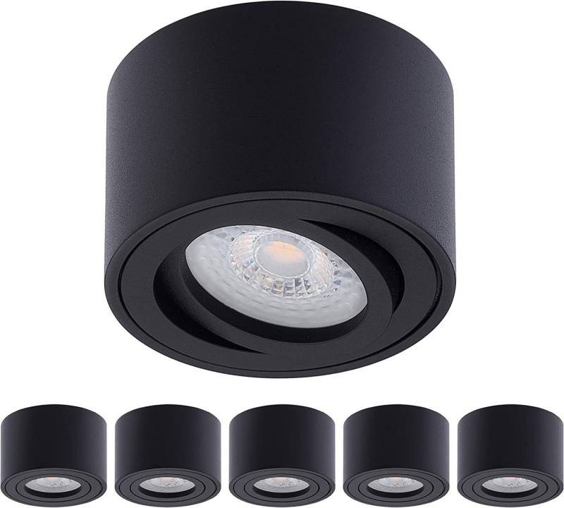 Oktaplex lighting LED Deckenstrahler 6 Stück Set Aufbaustrahler mit LED Leuchtmittel 4,8W 380 Lumen, schwenkbar, Leuchtmittel wechselbar, warmweiß, 2700 Kelvin 230V Höhe 50mm schwarz von Oktaplex lighting