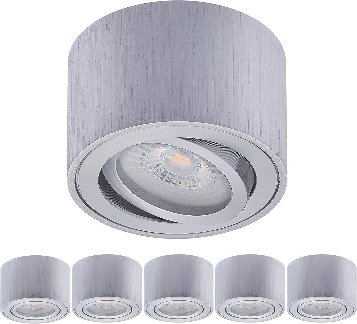 Oktaplex lighting LED Deckenstrahler 6 Stück Set Aufbaustrahler mit LED Modul 5W 380 Lumen, Dimmbar, Leuchtmittel wechselbar, warmweiß, 3000 Kelvin 230V 30° schwenkbar Höhe 50mm Alu gebürstet Oktaplex lighting LED Deckenstrahler 6 Stück Set Aufbaustrahler mit LED Modul 5W 380 Lumen, Dimmbar, Leuchtmittel wechselbar, warmweiß, 3000 Kelvin 230V 30° schwenkbar Höhe 50mm Alu gebürstet von Oktaplex lighting