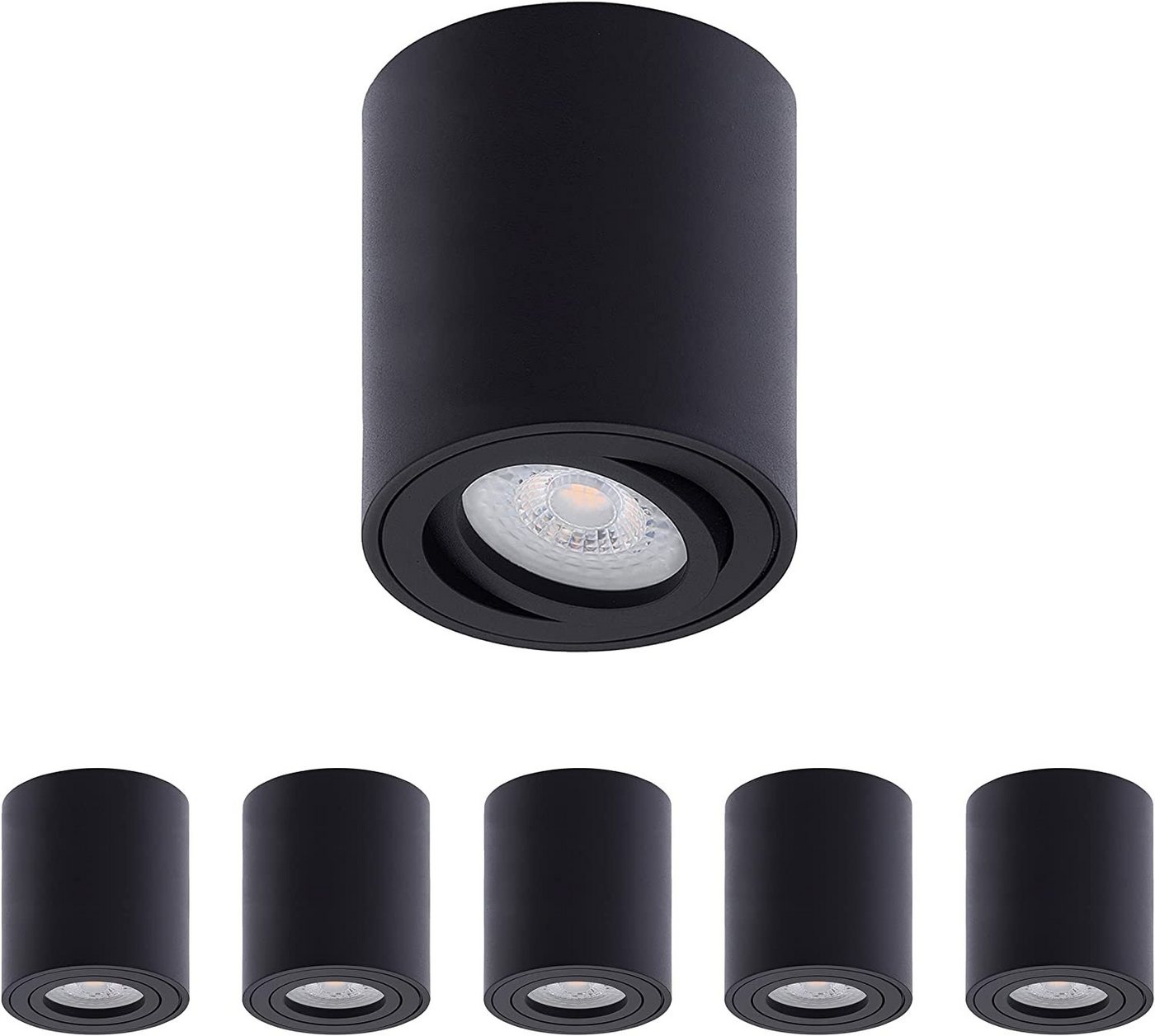 Oktaplex lighting LED Deckenstrahler 6er Set Aufbauspots inkl. LED Leuchtmittel 4,8W 380 Lumen, schwenkbar, Leuchtmittel wechselbar, warmweiß, 3000 Kelvin 230V Höhe 80mm schwarz von Oktaplex lighting