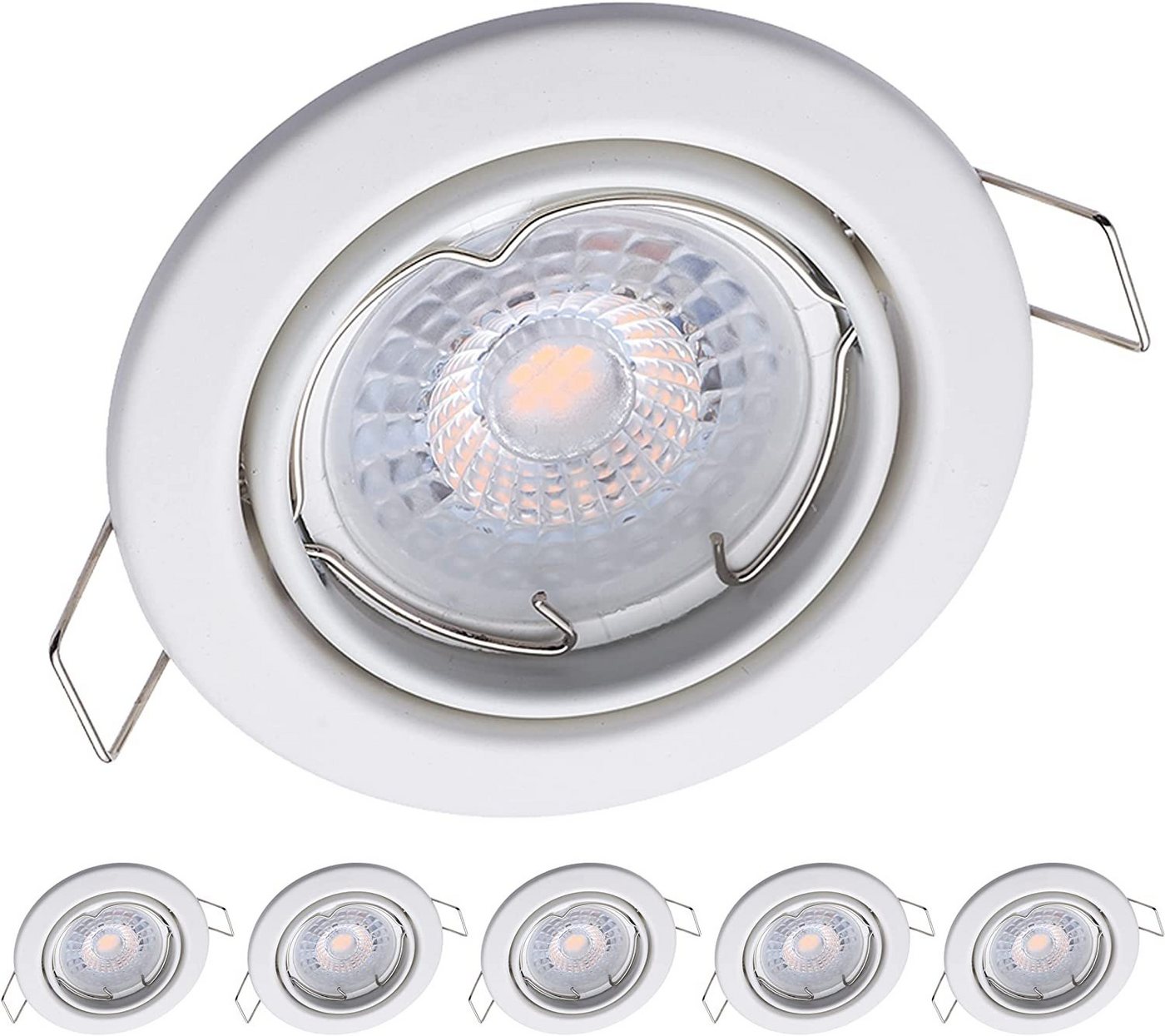 Oktaplex lighting LED Einbaustrahler 6 Stück LED Deckenspot flach inkl. LED Module 4,8W 380 Lumen, 3-Step Dimmung, Leuchtmittel wechselbar, warmweiß, 3000 Kelvin 230V schwenkbar weiß von Oktaplex lighting