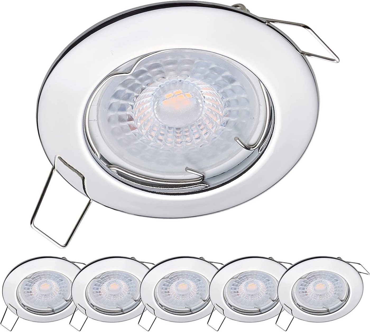 Oktaplex lighting LED Einbaustrahler 6 Stück LED Strahler flach inkl. 6 Stück LED Module 4,8W 380 Lumen, sehr flach, Leuchtmittel wechselbar, warmweiß, 2700 Kelvin 230V chromfarben von Oktaplex lighting