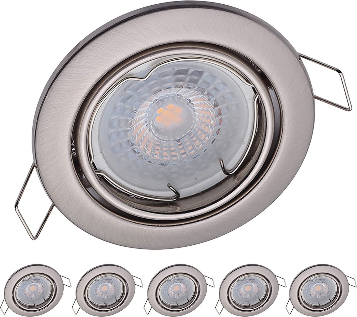 Oktaplex lighting LED Einbaustrahler 6er Set LED Deckenspot flach inkl. LED Module 4,8W 380 Lumen, schwenkbar, Leuchtmittel wechselbar, warmweiß, 2700 Kelvin 230V silber von Oktaplex lighting