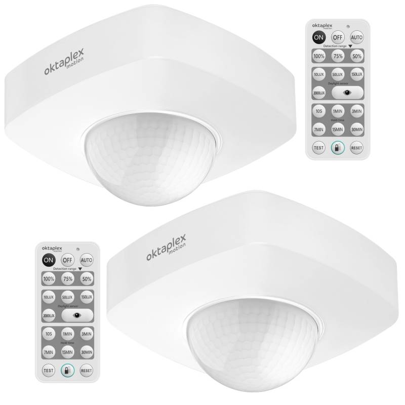 Oktaplex Tim Bewegungsmelder 360° Decke 2er Set inkl. Fernbedienung IP65 Außen 230V Weiß von Oktaplex motion