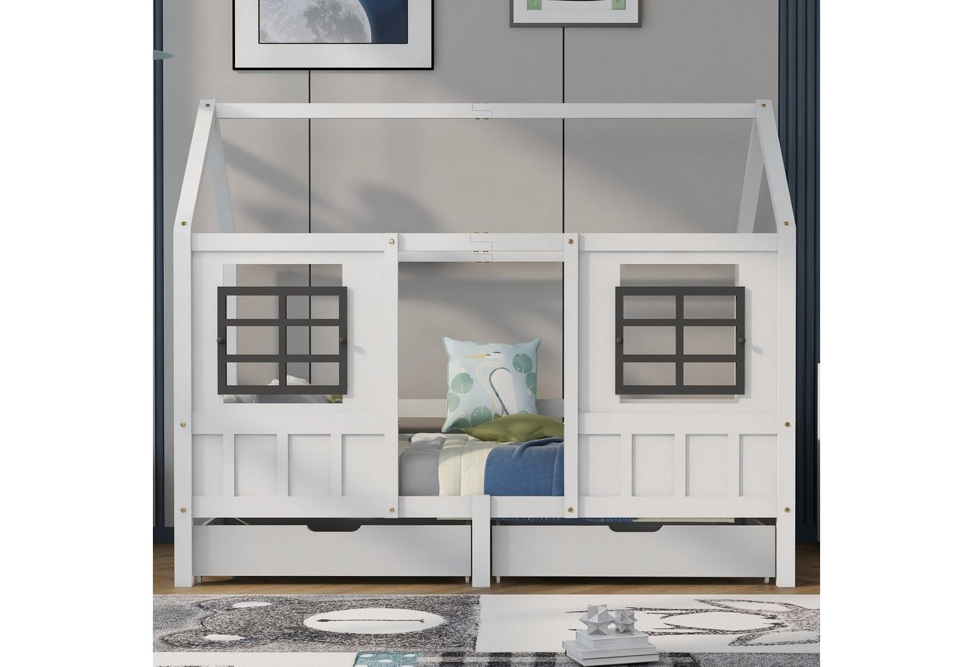 OKWISH Kinderbett Einzelbett Tagesbett Hausbett mit 2 Schubladen (weiß (200x90cm), Rahmen aus Kiefer, MDF, Für alle Dekorationsstile geeignet von Okwish