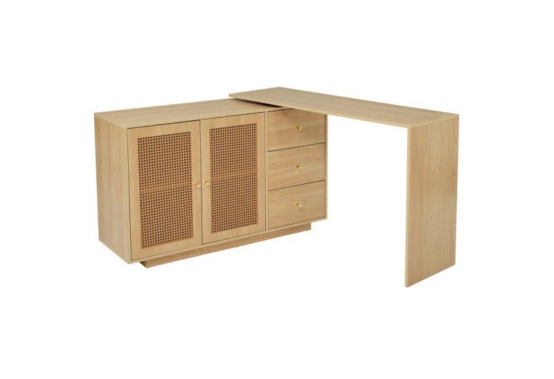 OKWISH Schreibtisch Schreibtisch,Computertisch mit Rattantüren, (L-förmiger Schreibtisch mit 360° Schwenkfunktion und Rattan-Design, Multifunktional als Computertisch, Frisiertisch oder Esstisch, Platzsparend, Höhenverstellbare Ablage, 126 x 60 x 75 cm) von Okwish