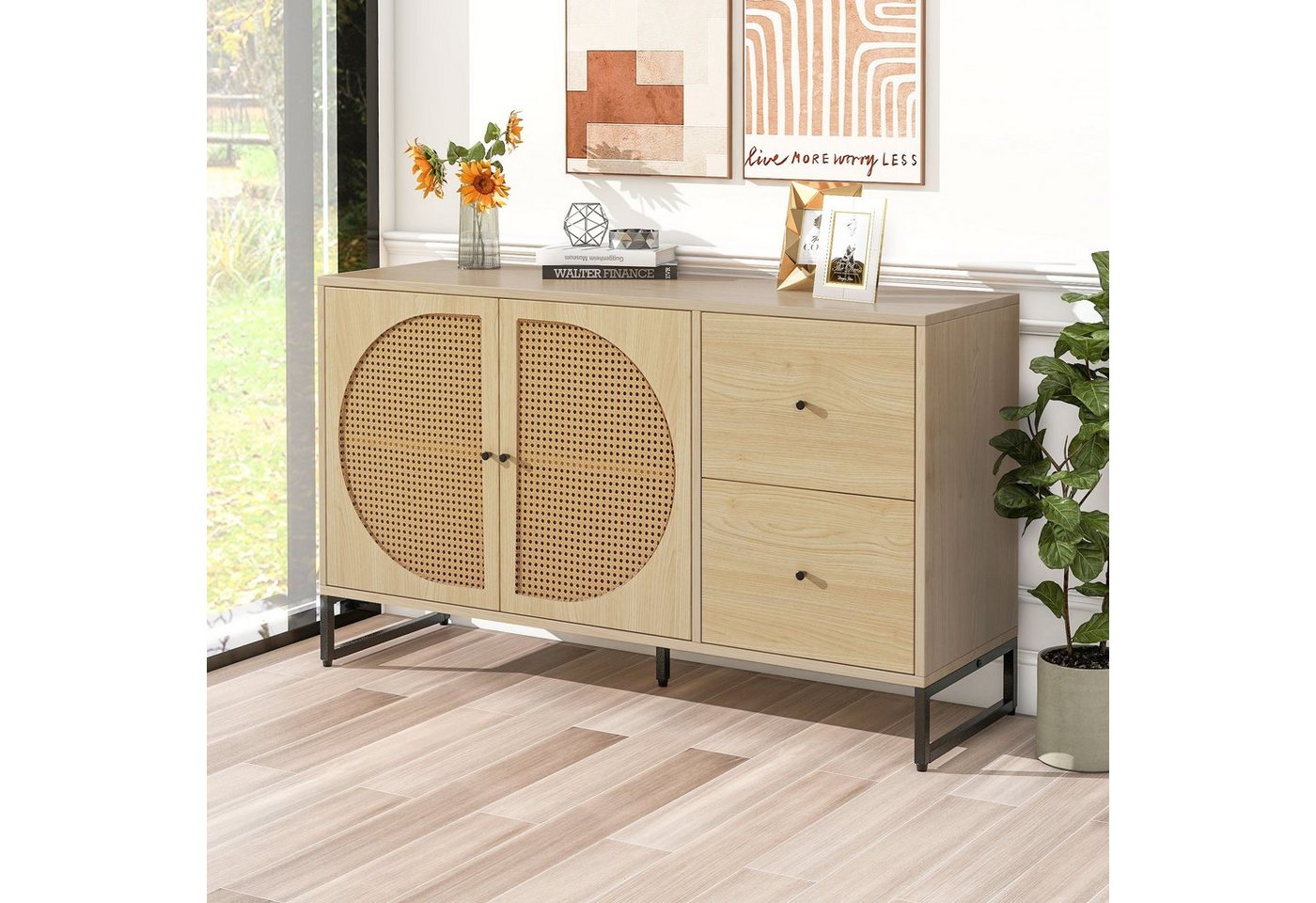 OKWISH Sideboard Kommode (Kommode mit Metallsockel und Rattantüren, Anrichte, Highboard, mit 2 Fächern und 2 Schubladen), Breite 130cm von Okwish