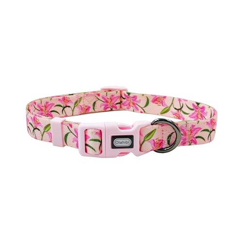 Olahibi Basic Hundehalsband, Lilienmuster, Polyester-Material, 4 für kleine, mittelgroße und große Hunde (L, rosa Lilie) von Olahibi