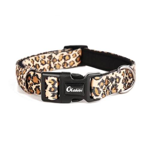 Olahibi Basic Hundehalsband, Polyester-Gurtband, gepolstert mit weichem Neopren, Leopardenmuster, für mittelgroße Hunde (M, Brauner Leopard) von Olahibi