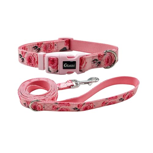 Olahibi Hundehalsband-Leinen-Set, Blumenmuster, Nylon-Gurtband und Baumwollband, 1,5 m passende Leine, für große Hunde (Größe L, Rosa Rose) von Olahibi
