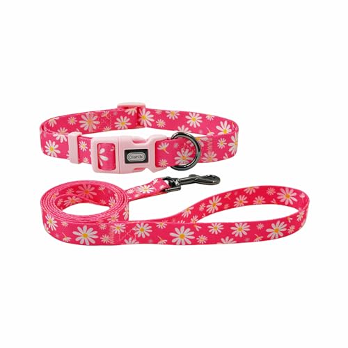 Olahibi Hundehalsband-Leinen-Set, Blumenmuster, Polyester-Material, verstellbares Halsband und passende 1,5 m lange Leine, für große Hunde (L, rosa Gänseblümchen) von Olahibi