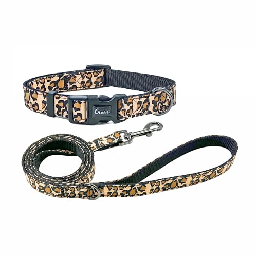Olahibi Hundehalsband-Leinen-Set, Leopardenmuster, Nylon-Gurtband und Baumwollband, 1,5 m passende Leine, für mittelgroße Hunde (Größe M, brauner Leopard) von Olahibi