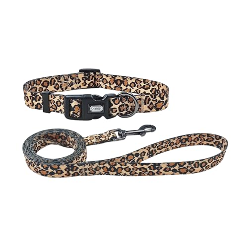 Olahibi Hundehalsband-Leinen-Set, Leopardenmuster, Polyester-Material, verstellbares Halsband und 1,5 m passende Leine, für Welpen (Größe XS, Braun, Leopard) von Olahibi