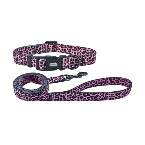 Olahibi Hundehalsband-Leinen-Set, Leopardenmuster, Polyester-Material, verstellbares Halsband und passende 1,5 m lange Leine, für kleine Hunde (Größe S, mehrfarbig, Leopard) von Olahibi
