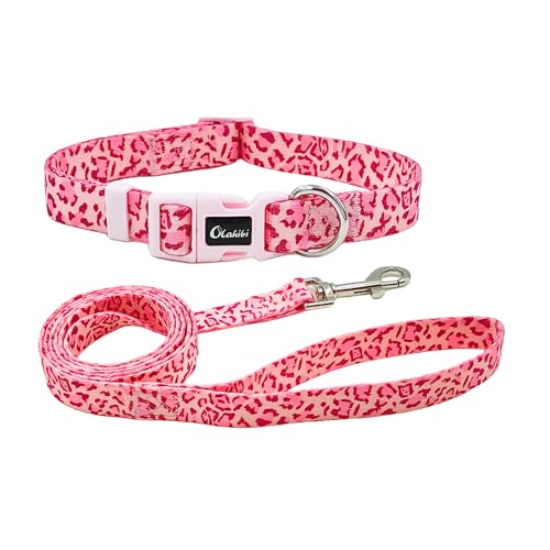 Olahibi Hundehalsband-Leinen-Set, Leopardenmuster, Polyester-Material, verstellbares Halsband und passende 1,5 m lange Leine, für kleine Hunde (Größe S, rosa Leopard) von Olahibi