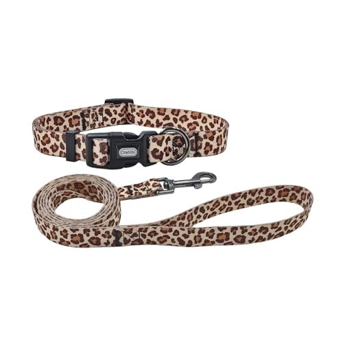 Olahibi Hundehalsband-Leinen-Set, Leopardenmuster, Polyester-Material, verstellbares Halsband und passende 1,5 m lange Leine, für mittelgroße Hunde (Größe M, Hellkaffeebraun, Leopard) von Olahibi