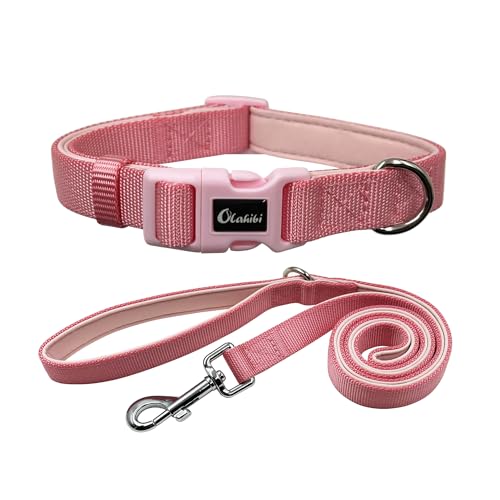 Olahibi Hundehalsband-Leinen-Set, strapazierfähiges Nylon-Gurtband mit weicher Neopren-Polsterung, mittelgroße Hunde (Größe M, Hellrosa) von Olahibi