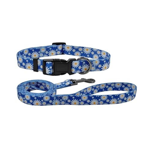 Olahibi Hundehalsband und Leine, niedliches Gänseblümchen-Blumenmuster, Polyester-Material, 1,5 m lange Leine, für kleine Hunde (Größe S, Blaues Gänseblümchen) von Olahibi